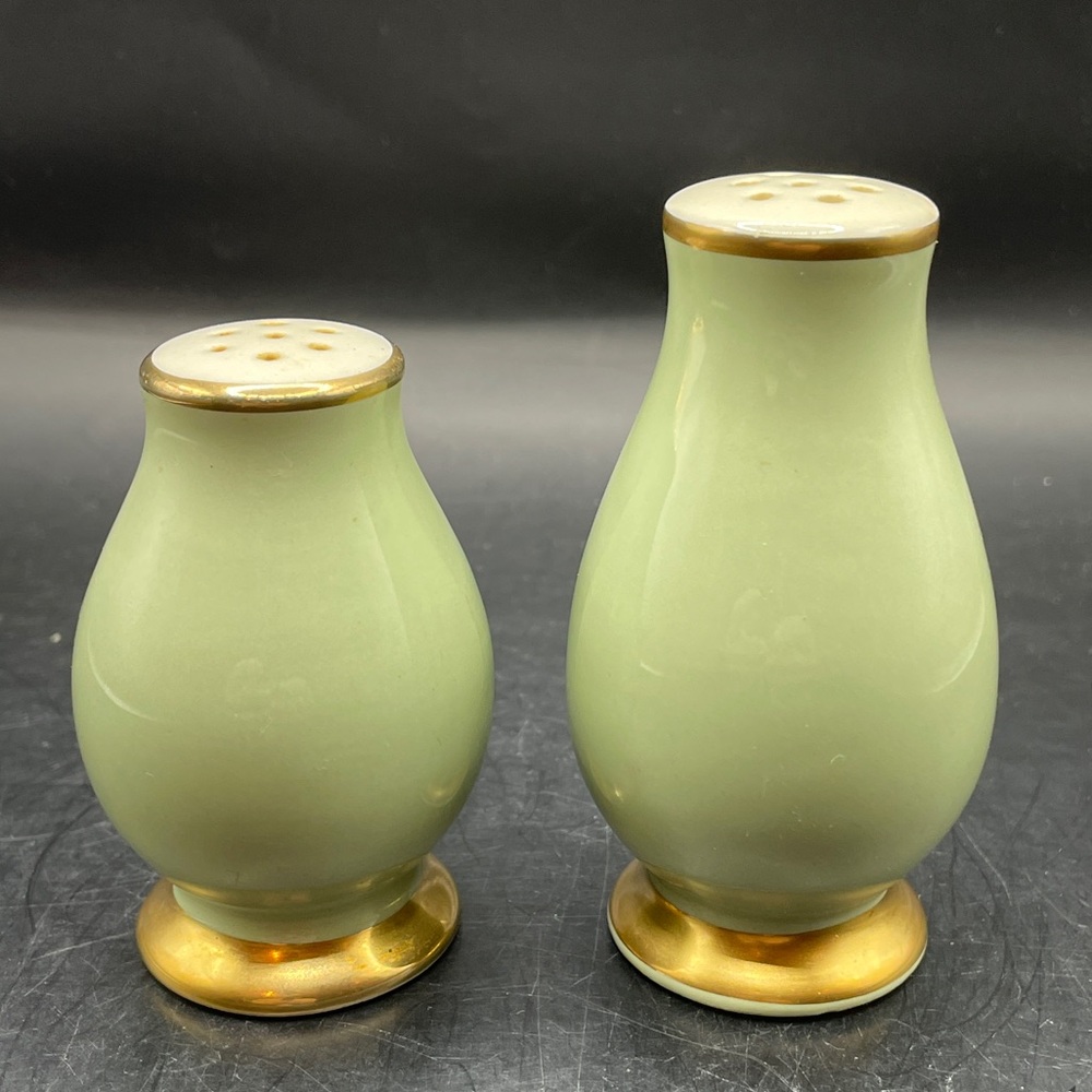 Classic Heritage Celadon Green by TST Short Tall Salt & Pepper Set EUC